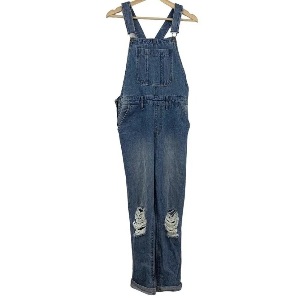 Nature Denim Women's Tapered Distressed Light Denim Overalls Size M‎ NWT